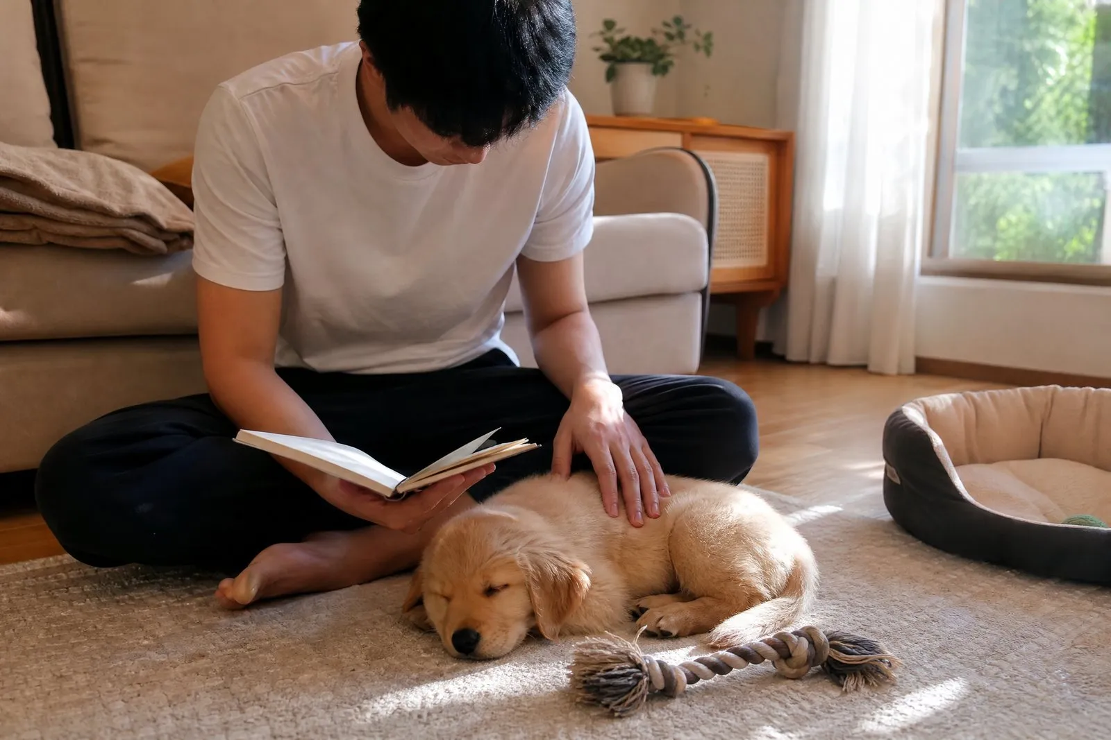 A young puppy resting on a blanket beside its new owner at home
