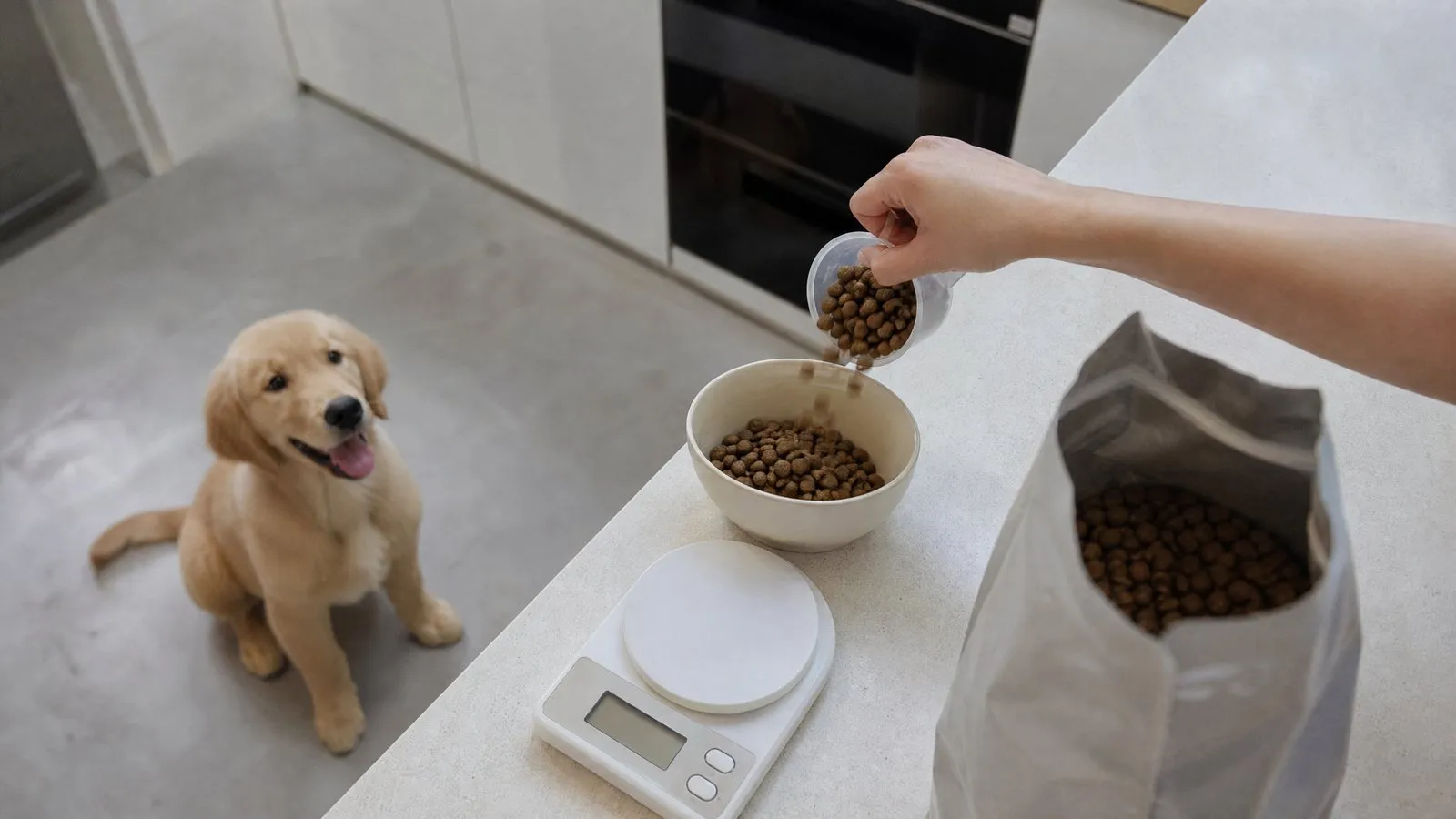 A hand uses a measuring cup to pour puppy kibble into a bowl on a kitchen counter beside a kitchen scale and an open food bag, while a golden retriever puppy on the floor looks up waiting to eat in natural window light.