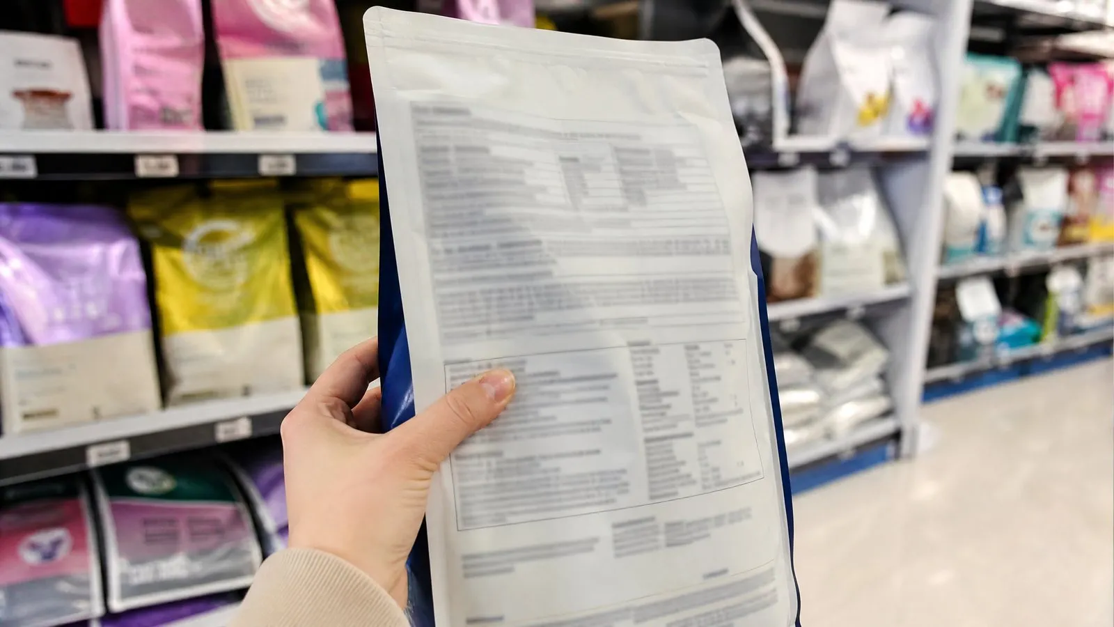 A hand holds a bag of dog food in a pet supply store, the nutrition label on the back clearly visible but text blurred, with softly out-of-focus shelves behind, shot in real photography with shallow depth of field.