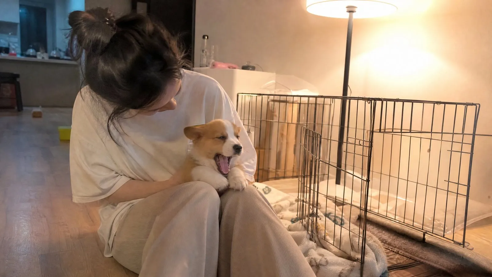 A young woman sits on the floor in a softly lit living room at dusk, a newly adopted corgi puppy yawning on her lap beside an open crate and a small blanket, candid real-life shot with shallow depth of field.