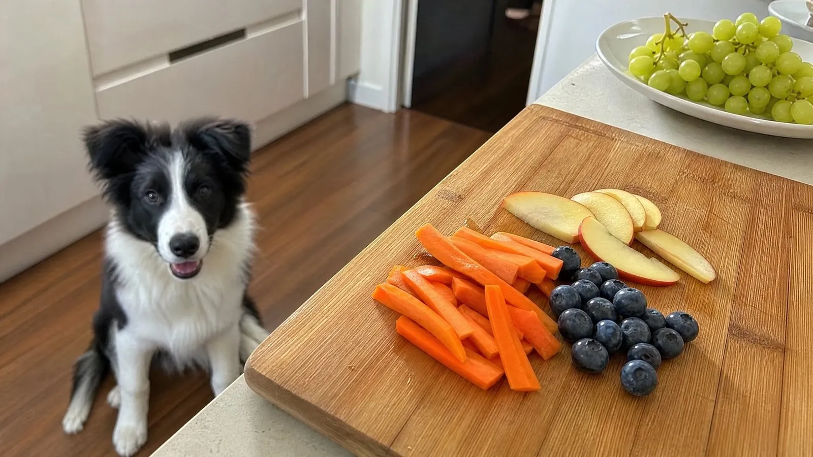 Sliced carrot sticks, apple pieces, and blueberries on a kitchen cutting board with a Border Collie puppy sitting beside them looking up expectantly, a bowl of grapes placed out of reach in the background, in bright natural light.