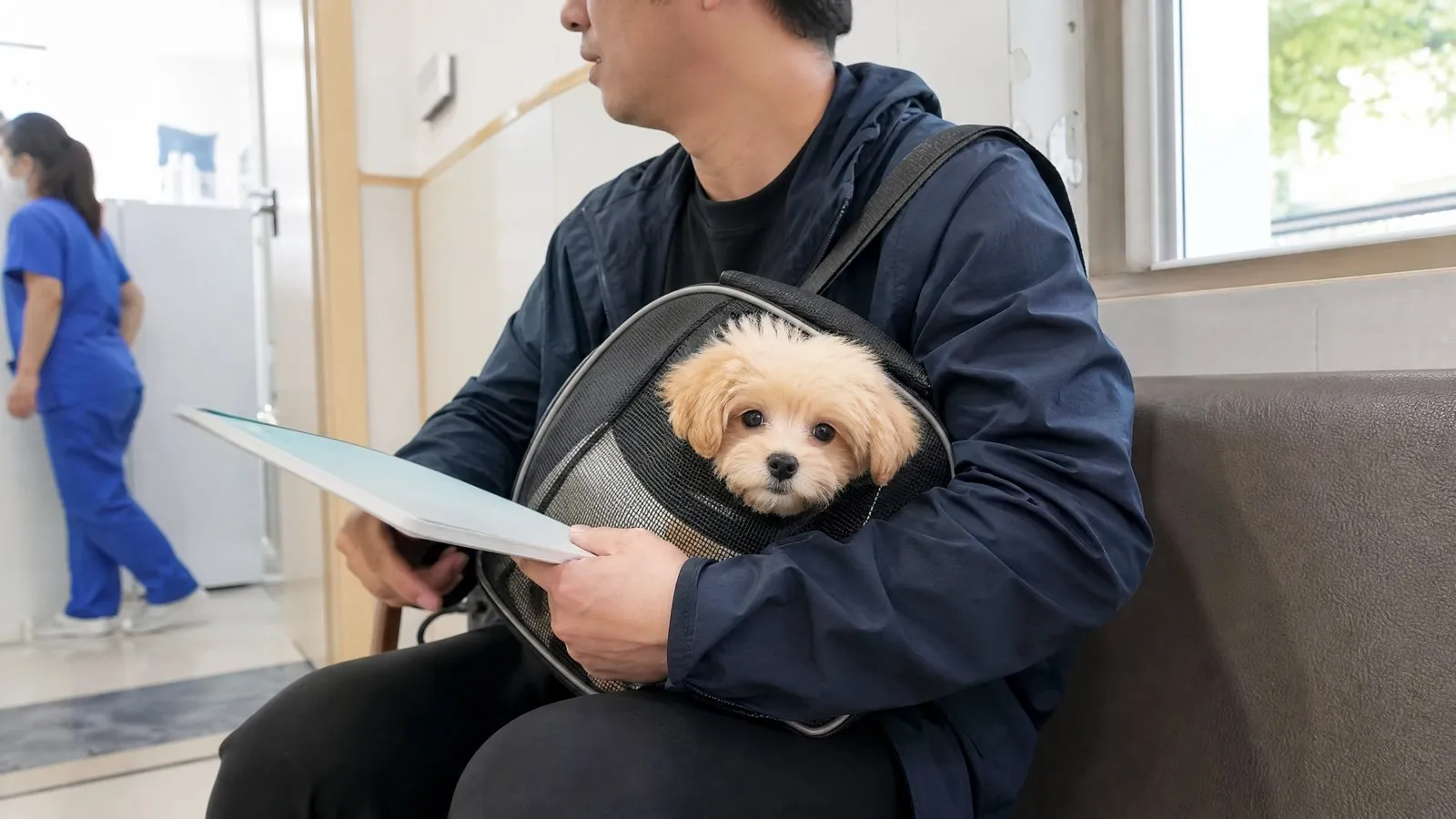 A man sits in a veterinary waiting room holding a small puppy in a soft carrier with a medical folder in his hand, while the puppy peeks out and looks around in natural light.