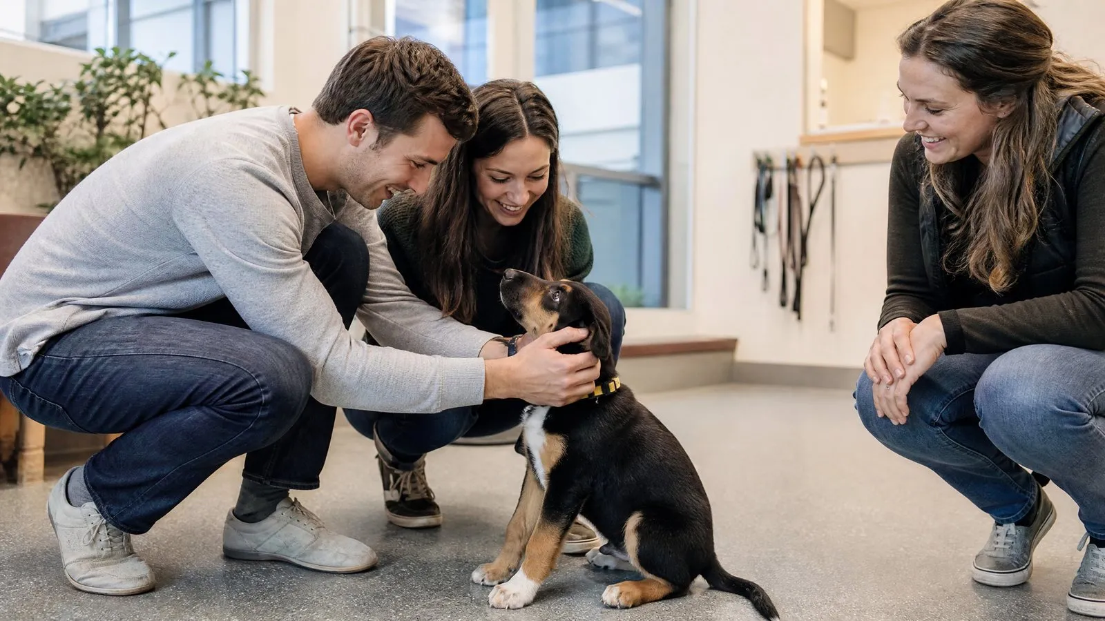 In a bright animal shelter meeting room, a young couple crouches to interact with a mixed-breed puppy while a smiling staff member stands nearby, natural light, authentic documentary style.