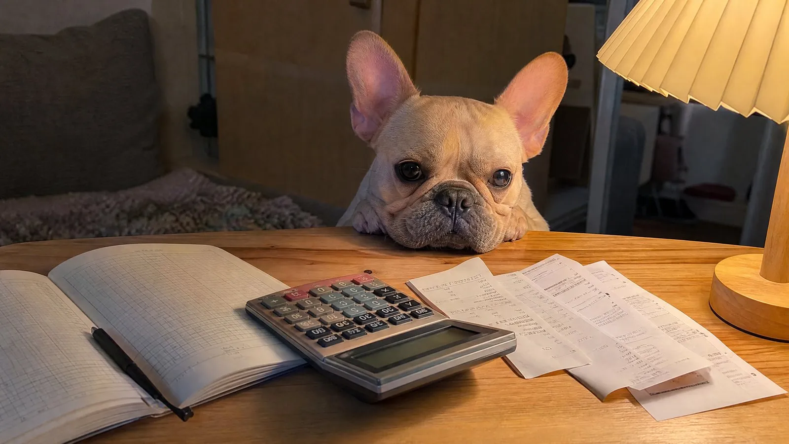 A ledger, calculator, and a few veterinary receipts spread on a wooden kitchen table while a French bulldog puppy rests its chin on the edge, lit by a warm desk lamp.