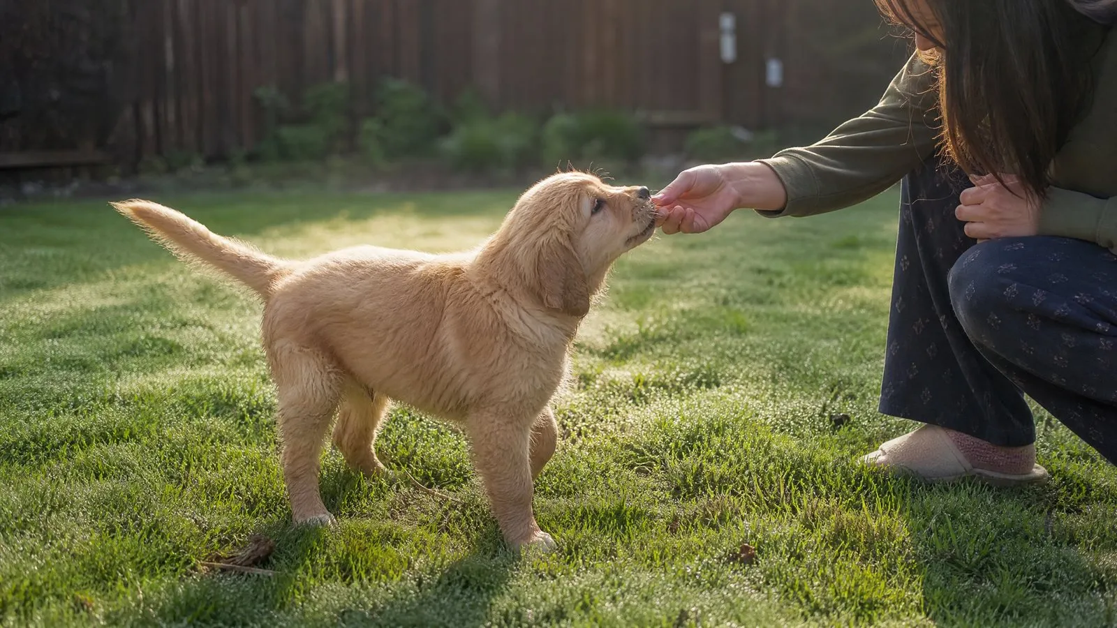 A golden retriever puppy finishes toileting on a dewy backyard lawn at dawn while its owner crouches to give a treat in soft morning light.