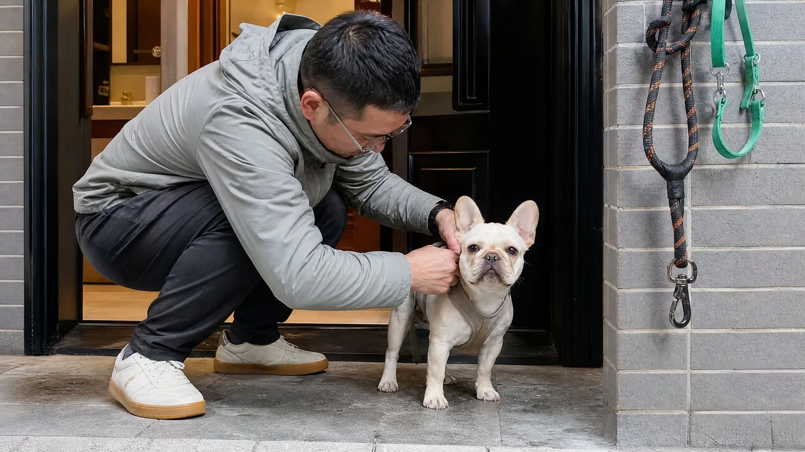 An owner crouches in a doorway adjusting a chest harness on a calmly standing French Bulldog puppy, with a leash and collar hanging nearby in natural light.