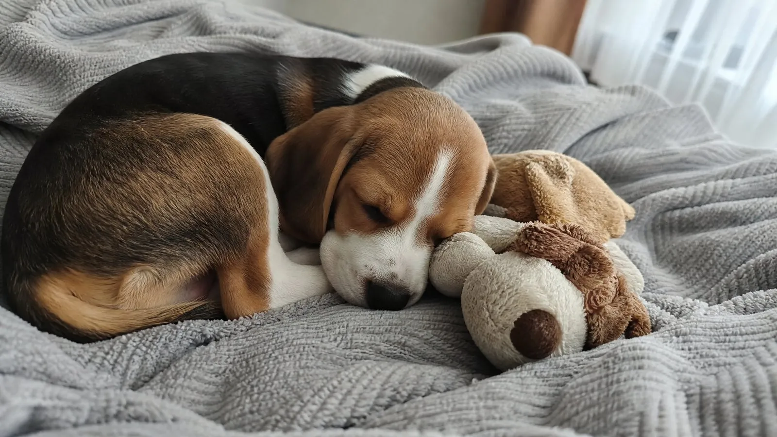 A beagle puppy curled up asleep on a gray knitted blanket beside a plush toy, lit by soft side window light in a quiet, warm setting.