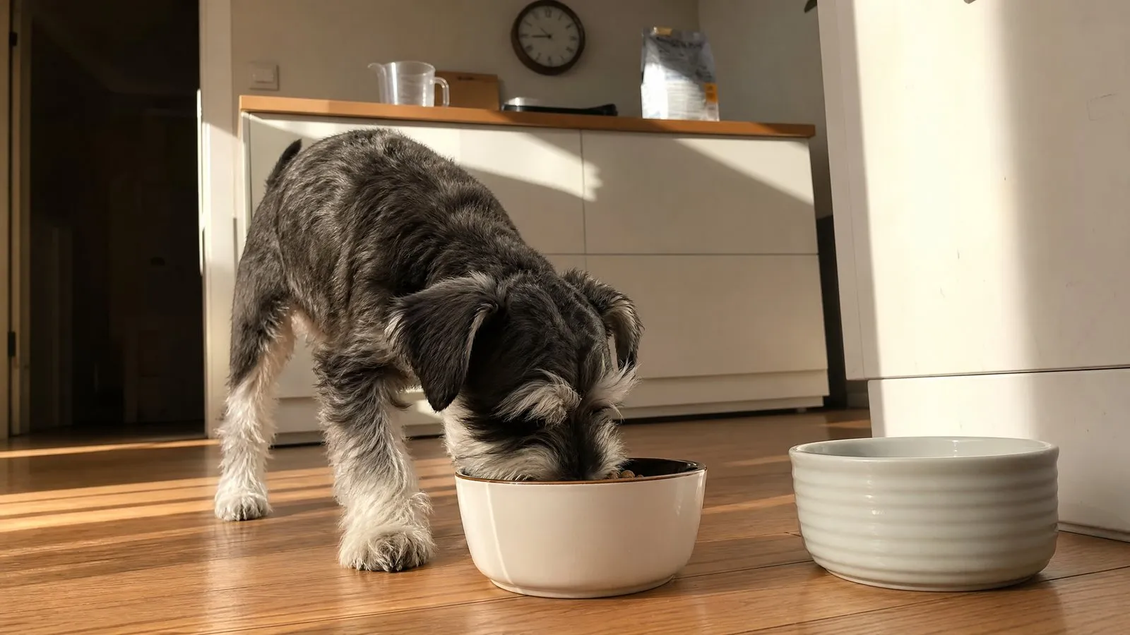 A handwritten feeding schedule taped to a kitchen wall above two food bowls on the floor, with a schnauzer puppy eating in soft morning light.