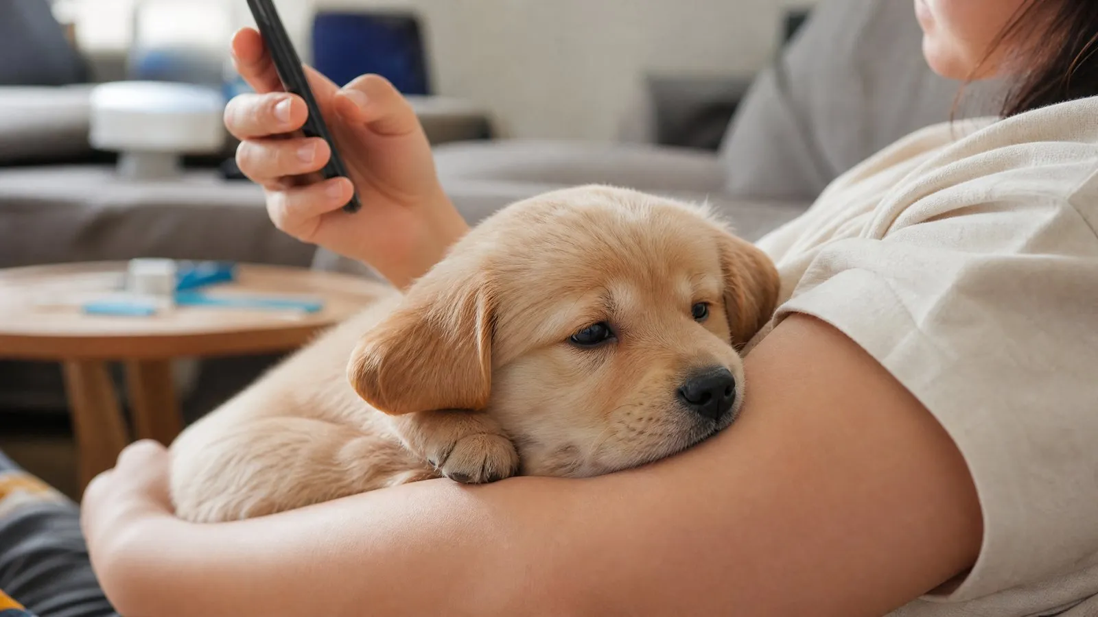 A listless young puppy rests in its owner's arms while the owner holds a phone ready to call, on a home sofa in soft light, lifelike documentary photography.