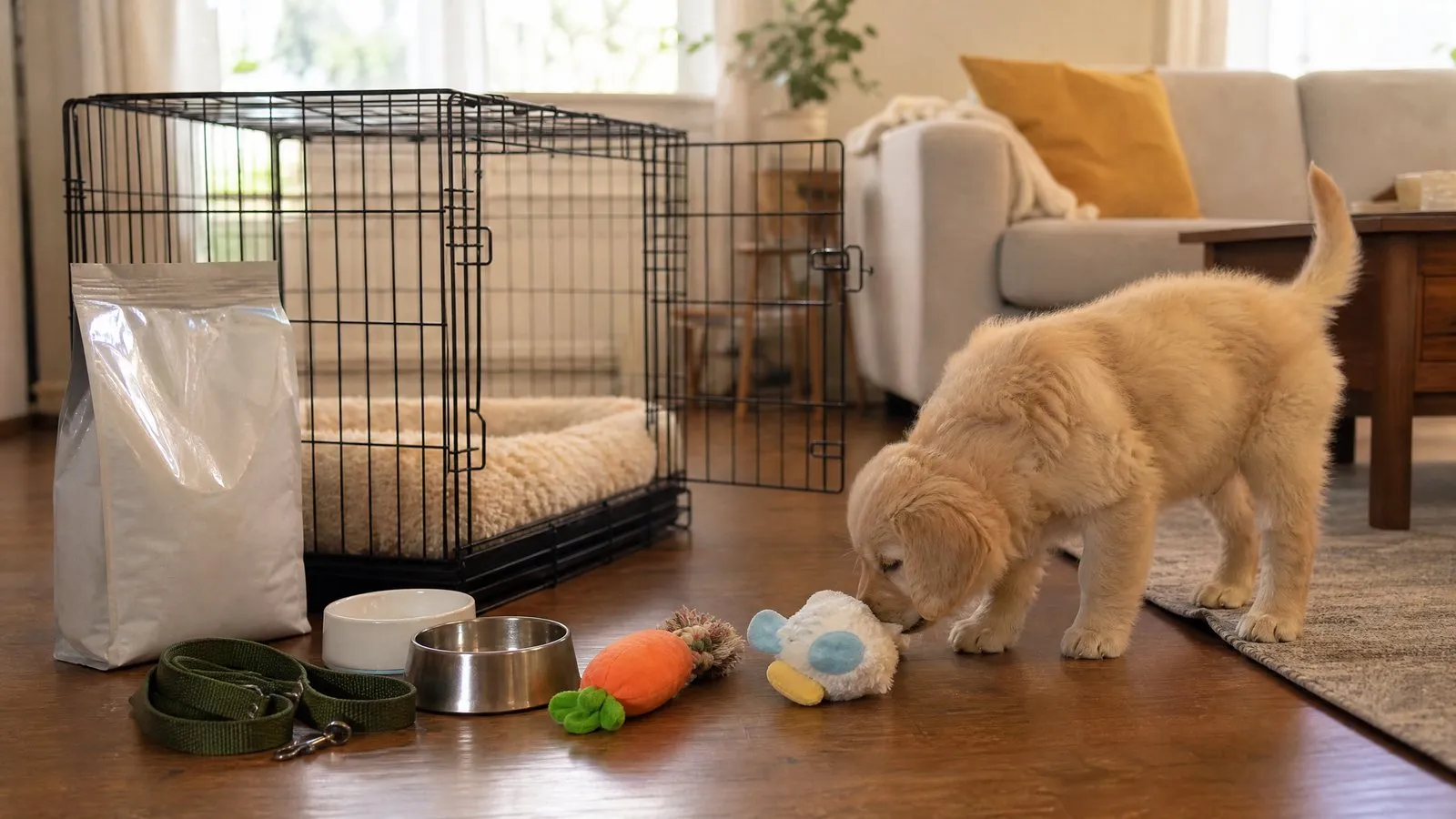 A cozy living room floor neatly arranged with new puppy supplies—a padded crate, stainless steel food and water bowls, a leash, chew toys, and a bag of puppy food—as a curious eight-week-old golden retriever sniffs a toy in warm afternoon window light.