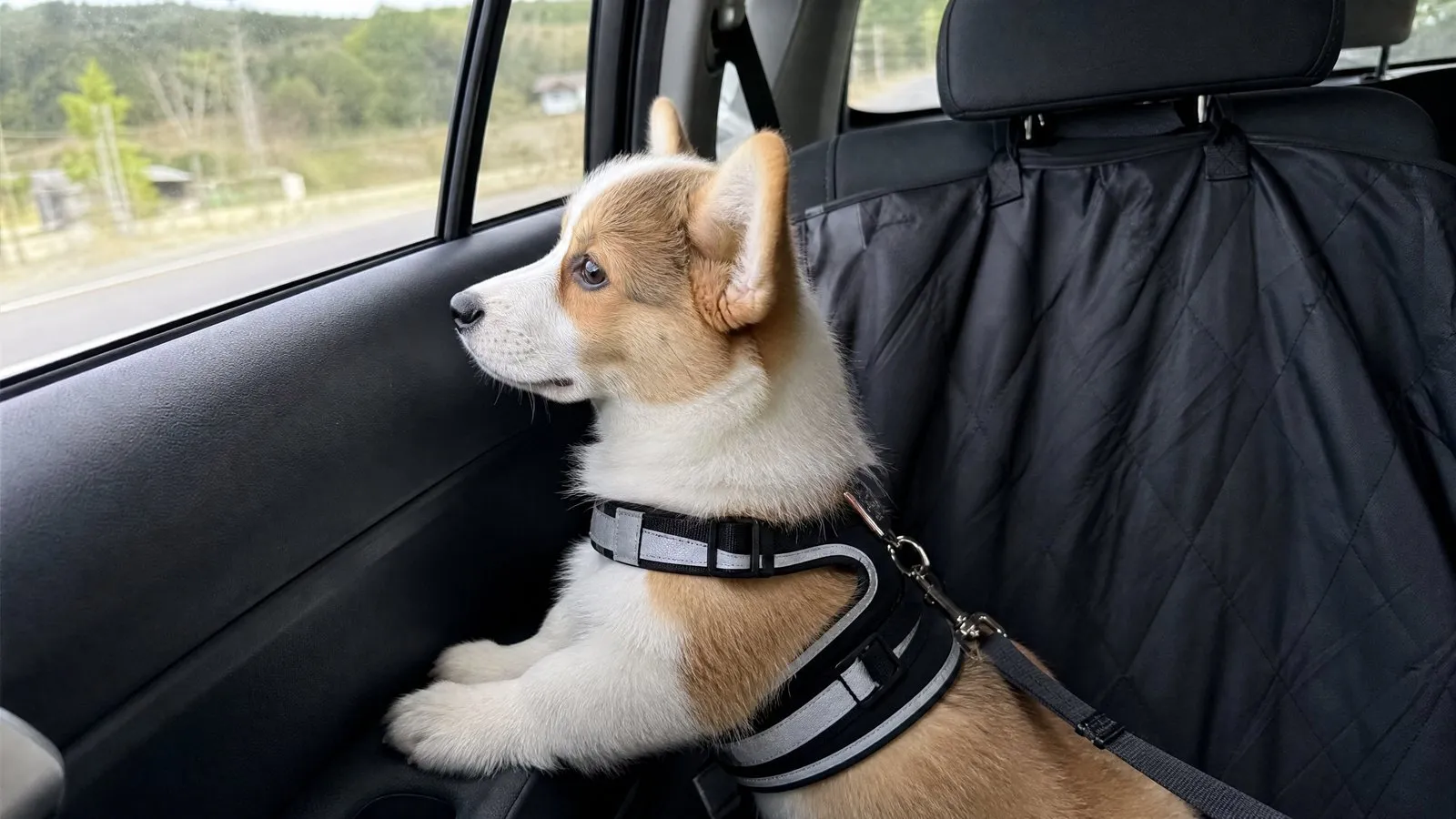 A corgi puppy wearing a car safety harness sits on a waterproof seat cover in the back seat, looking out the window at a blurred country road in natural light.